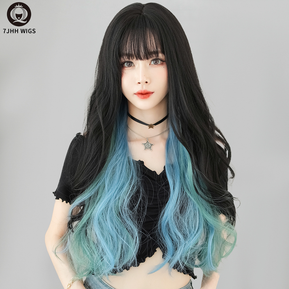 7JHH WIGS wholesale Heat Resistant Fibre 150% Density long straight wig with bangs 27 inches Ombre Blue Colorful Synthetic wig