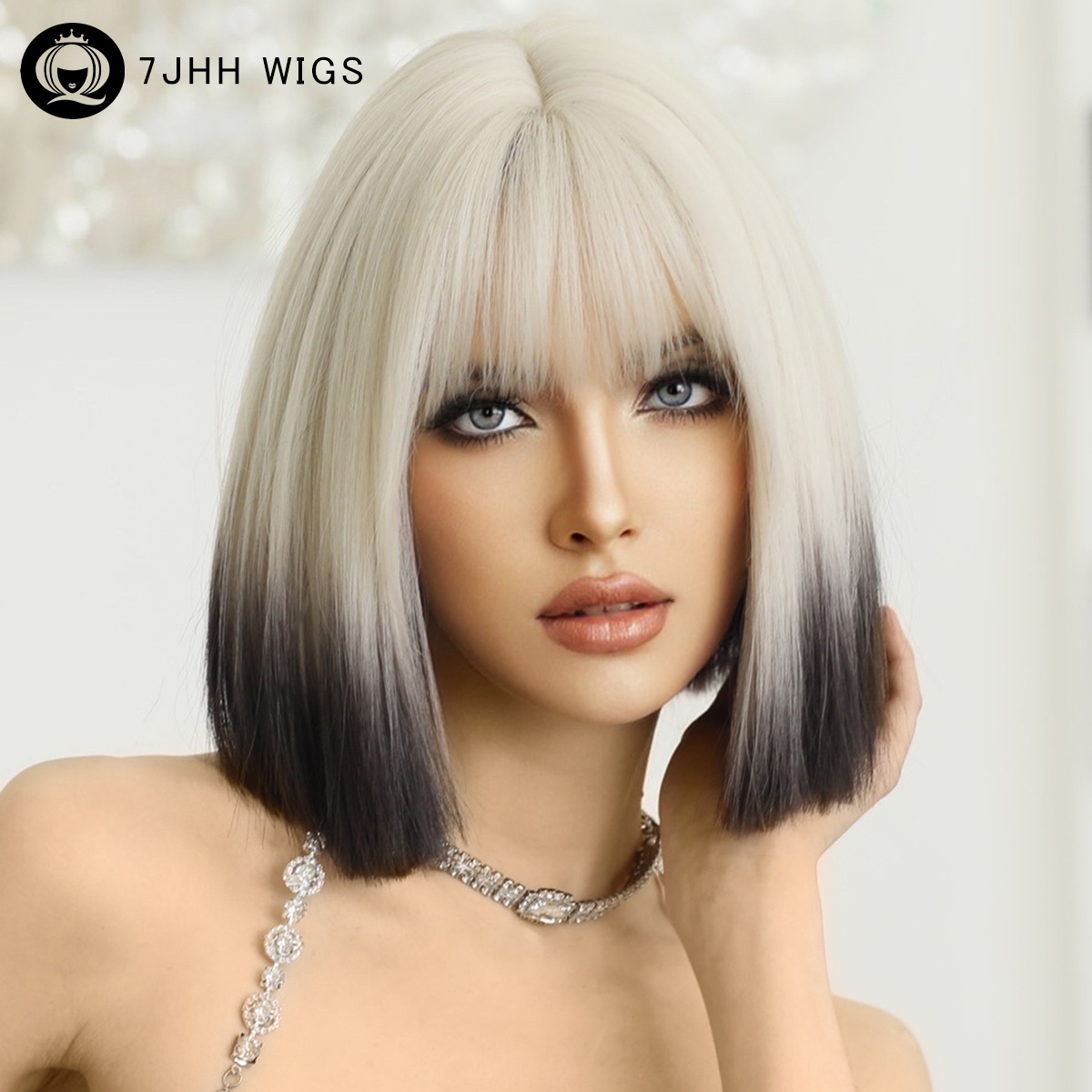 Platinum Short Bob Wig with Bang Synthetic Hair Bob Straight Wigs for Women Ombre Shoulder Length Cosplay Party Peluca Hair Wigs