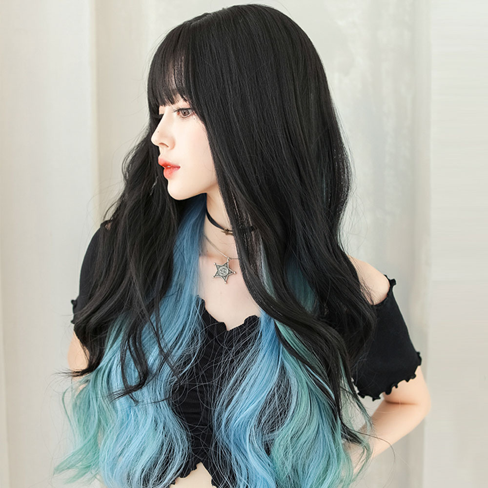 7JHH WIGS wholesale Heat Resistant Fibre 150% Density long straight wig with bangs 27 inches Ombre Blue Colorful Synthetic wig