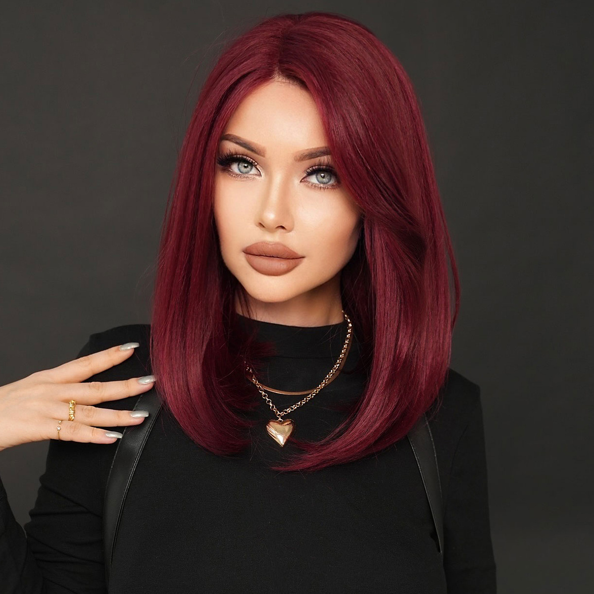 Yaki Lace Wig for Women Straight Shoulder Length Red Wine Lace Front Wigs Burgundy Kanekalon Synthetic Bob Short Hair 16 Inch