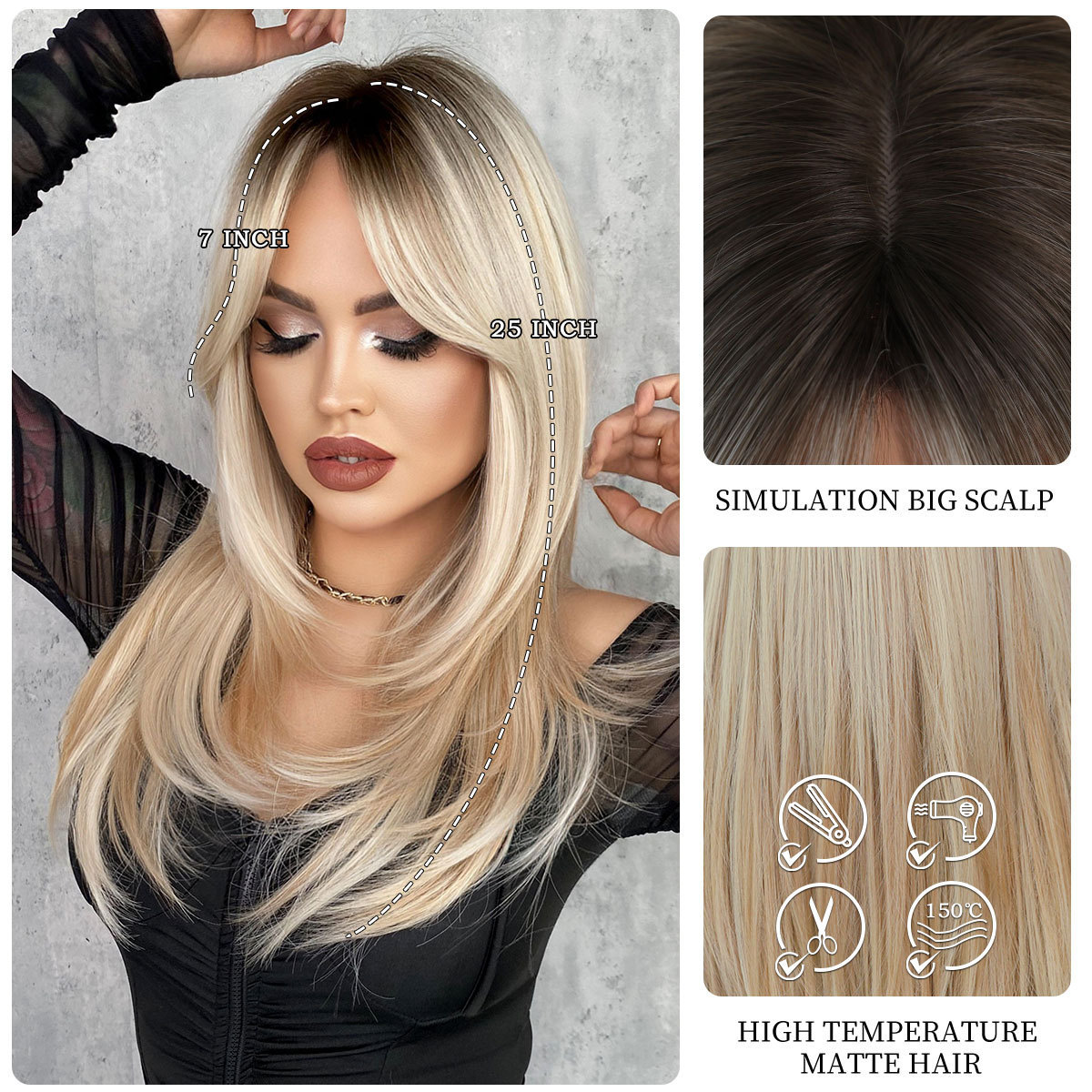 Synthetic Hair Wig Wholesale Long Straight Wigs with Bangs,Ombre Piruca Blonde Layered Wig for Women Natural Perruques