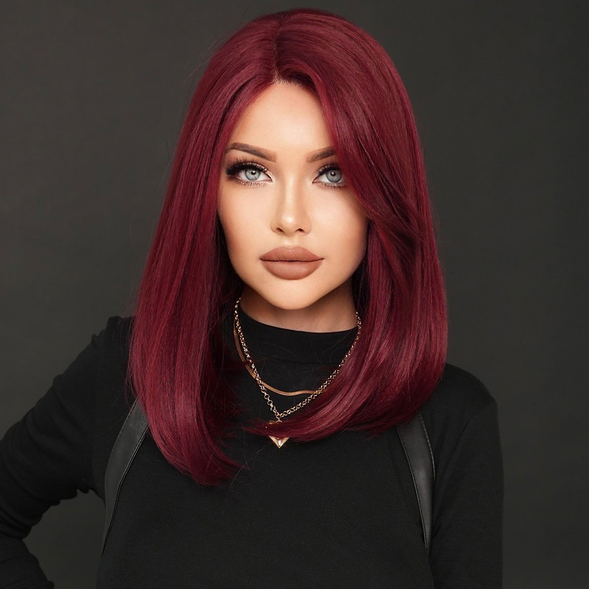 Yaki Lace Wig for Women Straight Shoulder Length Red Wine Lace Front Wigs Burgundy Kanekalon Synthetic Bob Short Hair 16 Inch