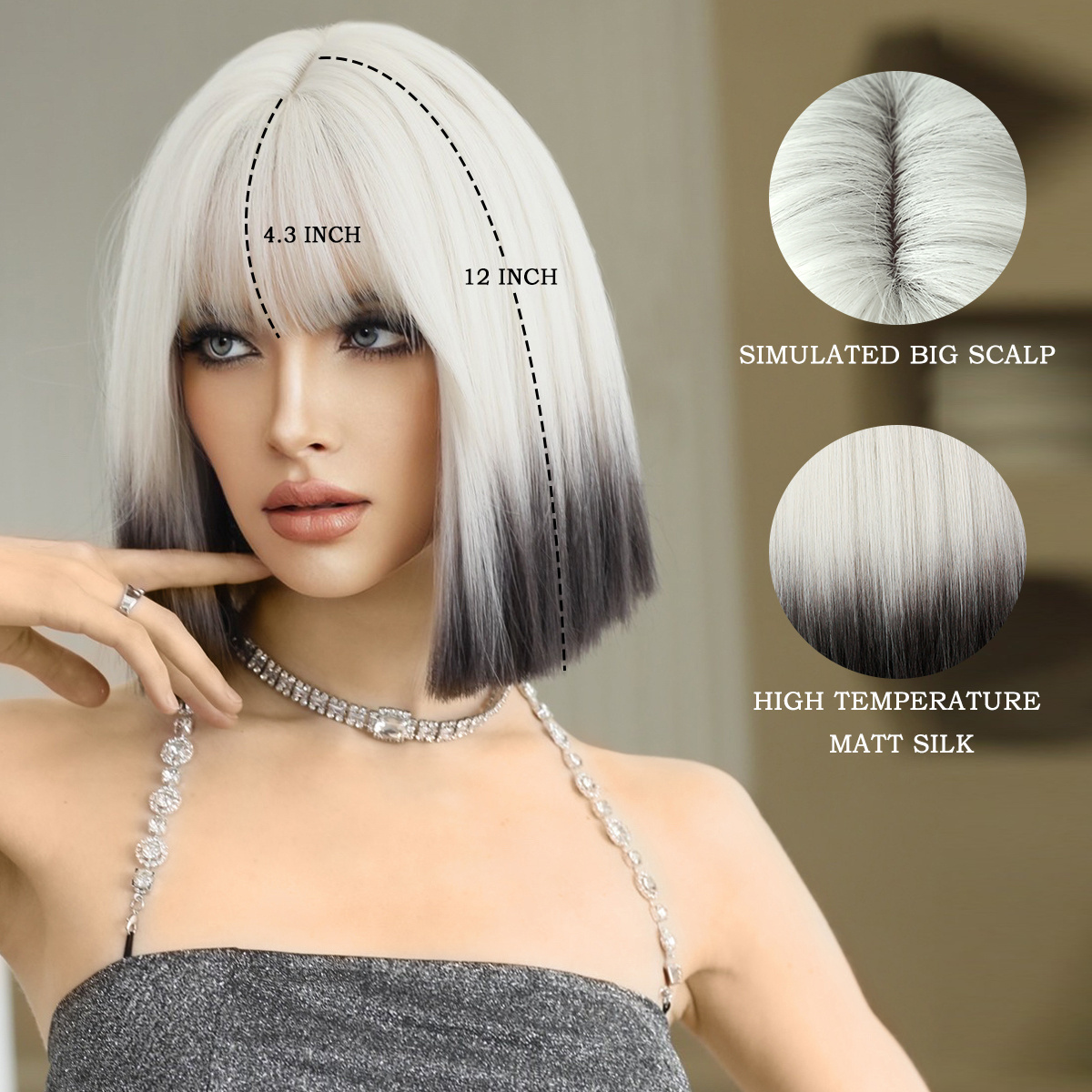 Platinum Short Bob Wig with Bang Synthetic Hair Bob Straight Wigs for Women Ombre Shoulder Length Cosplay Party Peluca Hair Wigs