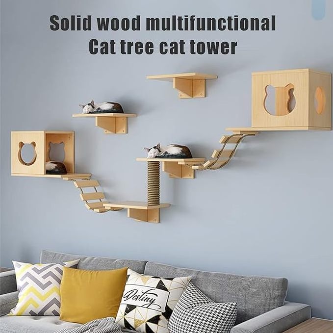 Natural Solid Wood Cat Hammock Wall Mounted Multi-layer with Cat Nest Cat Shelves