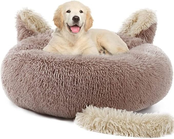 Fluffy Plush Calming Round Donut Anti Anxiety Pet Dog Cat Bed with Ear Tail