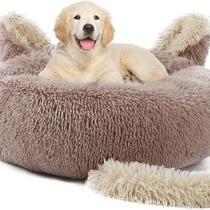 Fluffy Plush Calming Round Donut Anti Anxiety Pet Dog Cat Bed with Ear Tail