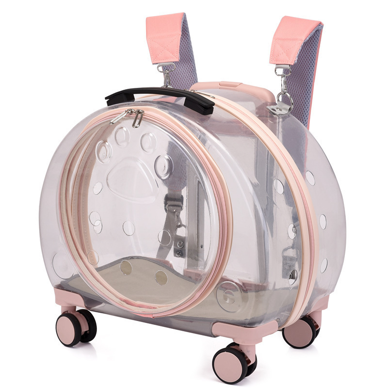 Transparent Pet Dog Cat Backpack with Wheels Breathable Trolley Dog Cat Travel Bag