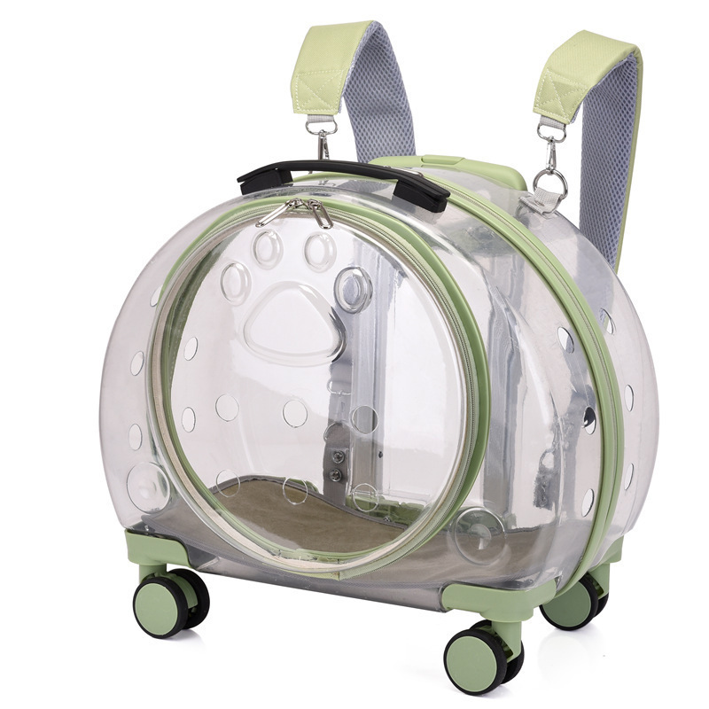 Transparent Pet Dog Cat Backpack with Wheels Breathable Trolley Dog Cat Travel Bag