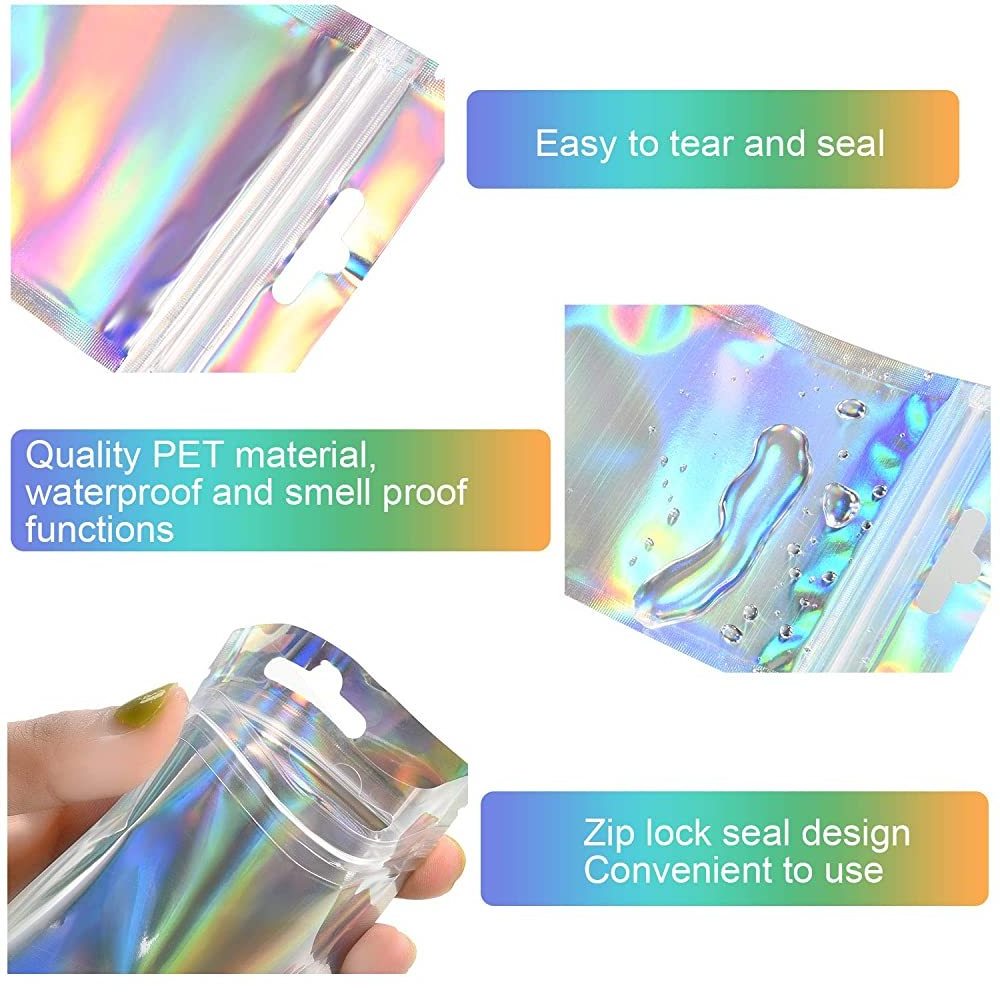 Smell Proof Plastic Package  Zip Lock Bags Clear Front Holographic Silver Back Pouches Recyclable Metallic Mylar Storage Bags