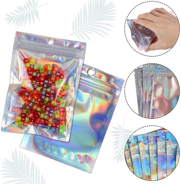 Smell Proof Plastic Package  Zip Lock Bags Clear Front Holographic Silver Back Pouches Recyclable Metallic Mylar Storage Bags