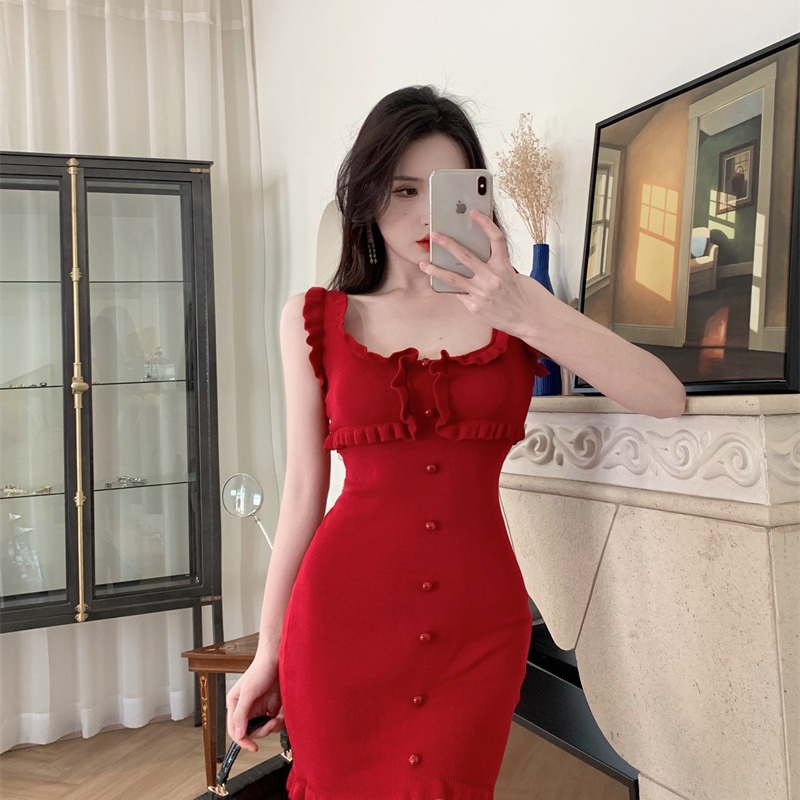 2024 Summer Fashion Slim Wood Ear Edge Chiffon Skirt with Sexy Bag Hip ODM Supply  New Red Female Korean Version Halter Dress