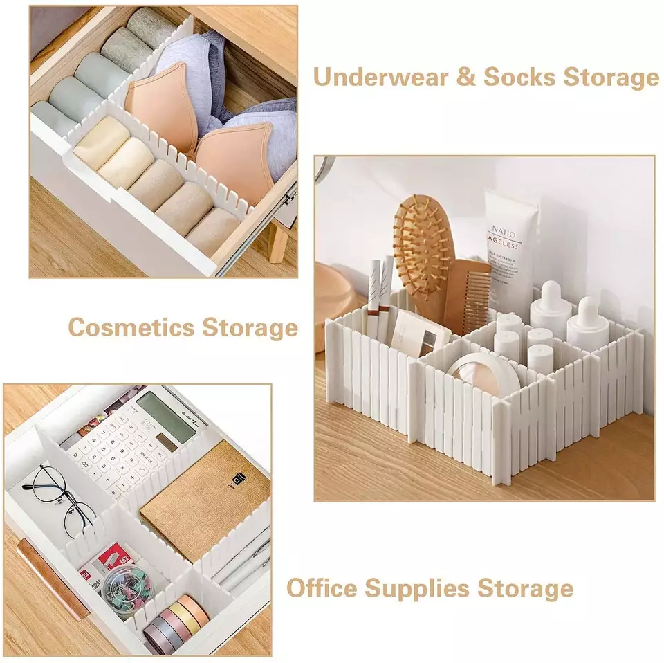 5pcs Plastic Adjustable DIY Storage Organizer Drawer Dividers for Socks Underwear Makeup Kitchen Dresser Drawer Cabinet Divider