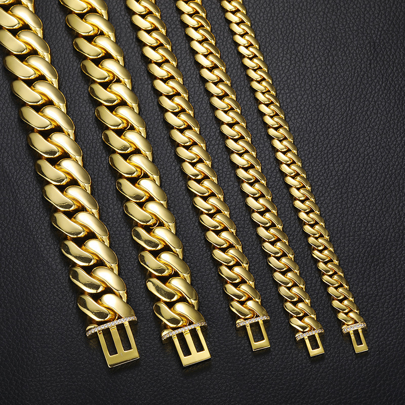 Custom  Hip Hop Jewelry Gold Plated Filled Stainless Steel Moissanite Iced Out Clasp Miami Cuban Link Chain For Men