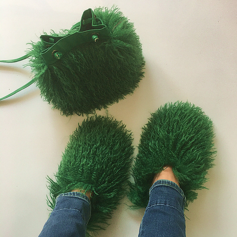 High Quality Flat Bottom Color Long Fur Slide handbag set Faux Sheepskin Mongolian Wool Fur Slippers