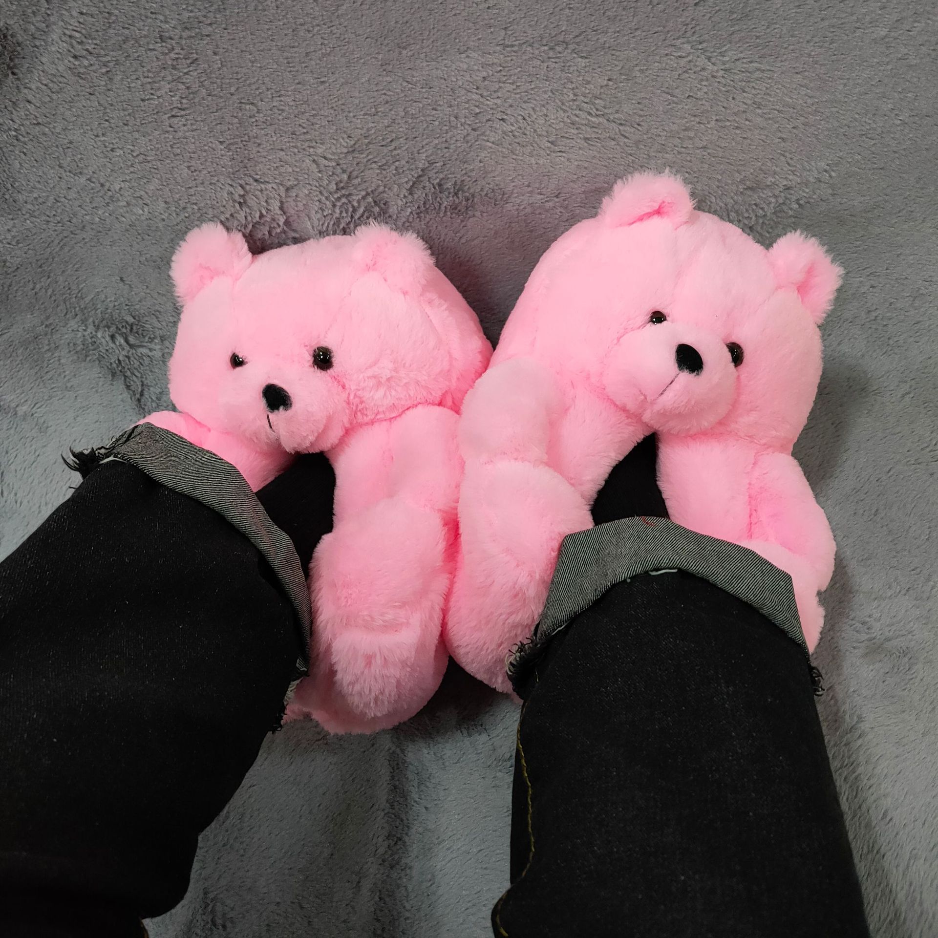 Winter Rainbow Color Women Girls Fur Bear Slip On Slipper Kids Adult Plush Teddy Bear House Slippers