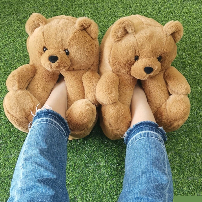 Winter Rainbow Color Women Girls Fur Bear Slip On Slipper Kids Adult Plush Teddy Bear House Slippers