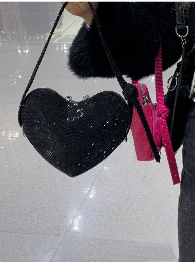 Diamond Heart Shape Zipper Sling Bags For Women Elegant Leather Chain Bags Solid Color High Quality Evening Bag