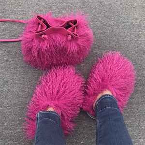 High Quality Flat Bottom Color Long Fur Slide handbag set Faux Sheepskin Mongolian Wool Fur Slippers