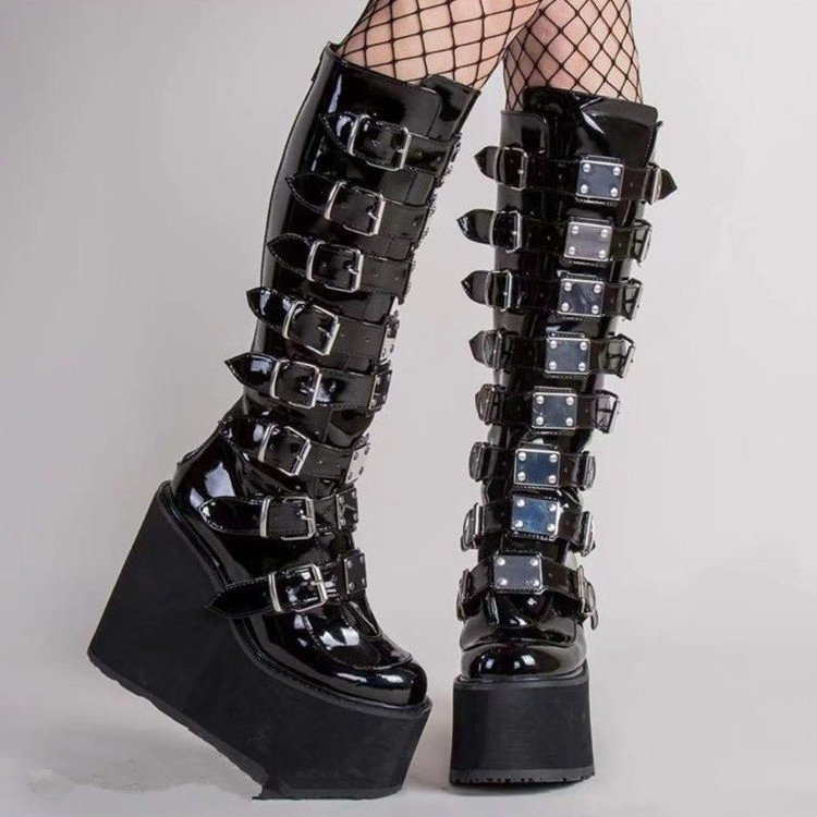 Punk Gothic Classic Black High Heel boots Women Cosplay cool girl shoes Winter Long Tube PU Leather Knight chunky platform Boots