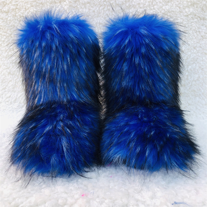 wholesale Winter Fluffy Faux Fox Raccoon Fur shoes Customized Color Plush Warm women Snow Boots