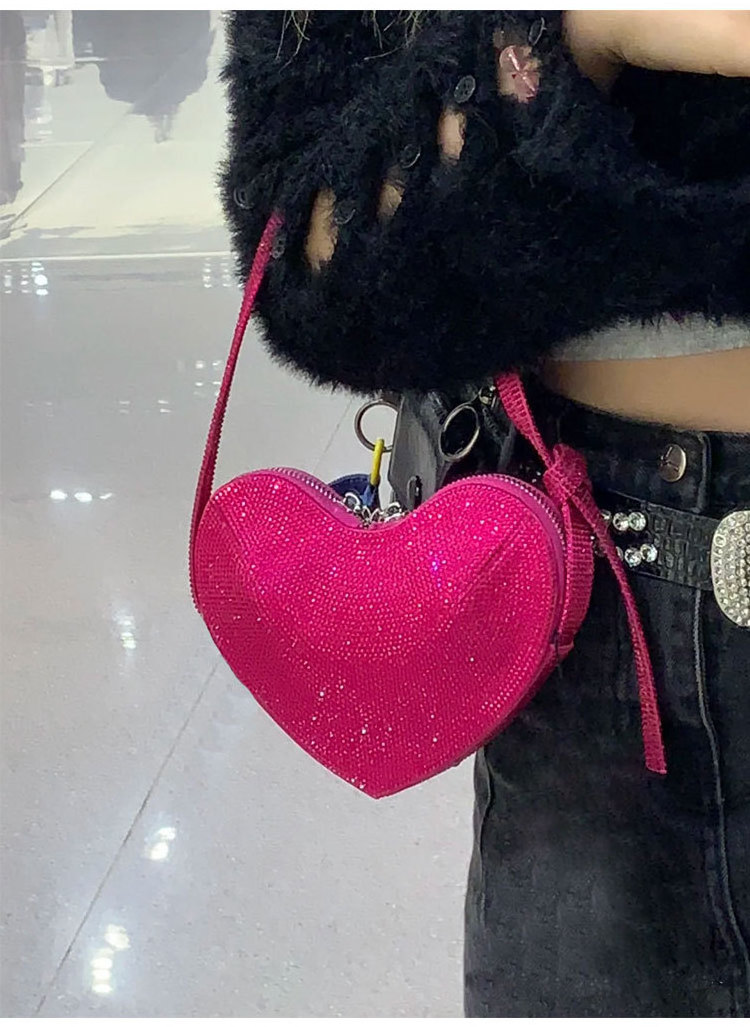 Diamond Heart Shape Zipper Sling Bags For Women Elegant Leather Chain Bags Solid Color High Quality Evening Bag