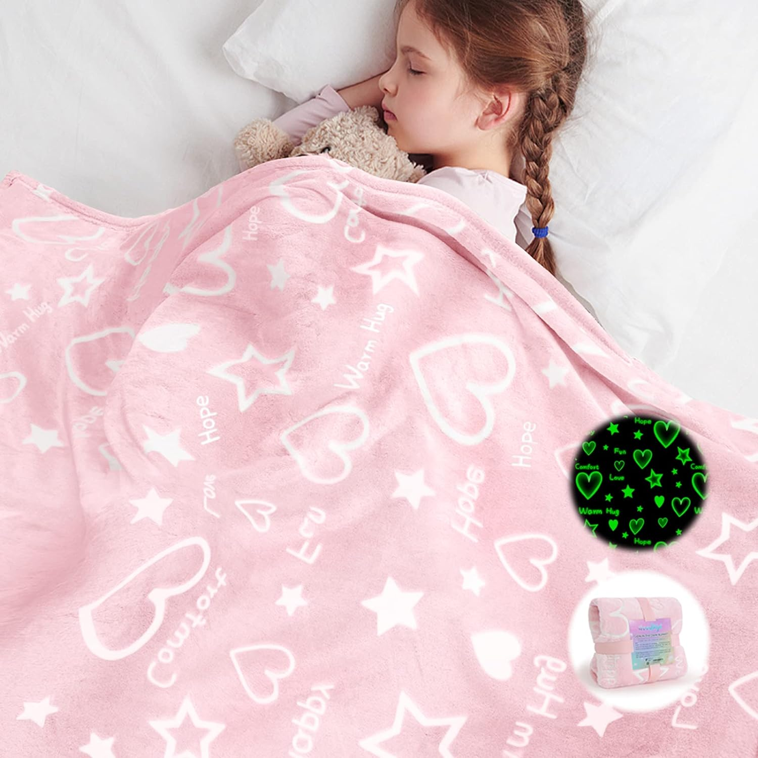 Glow in The Dark wearable blanket Pink Heart Stars Throws shining Blanket Soft Warm Cozy Blanket