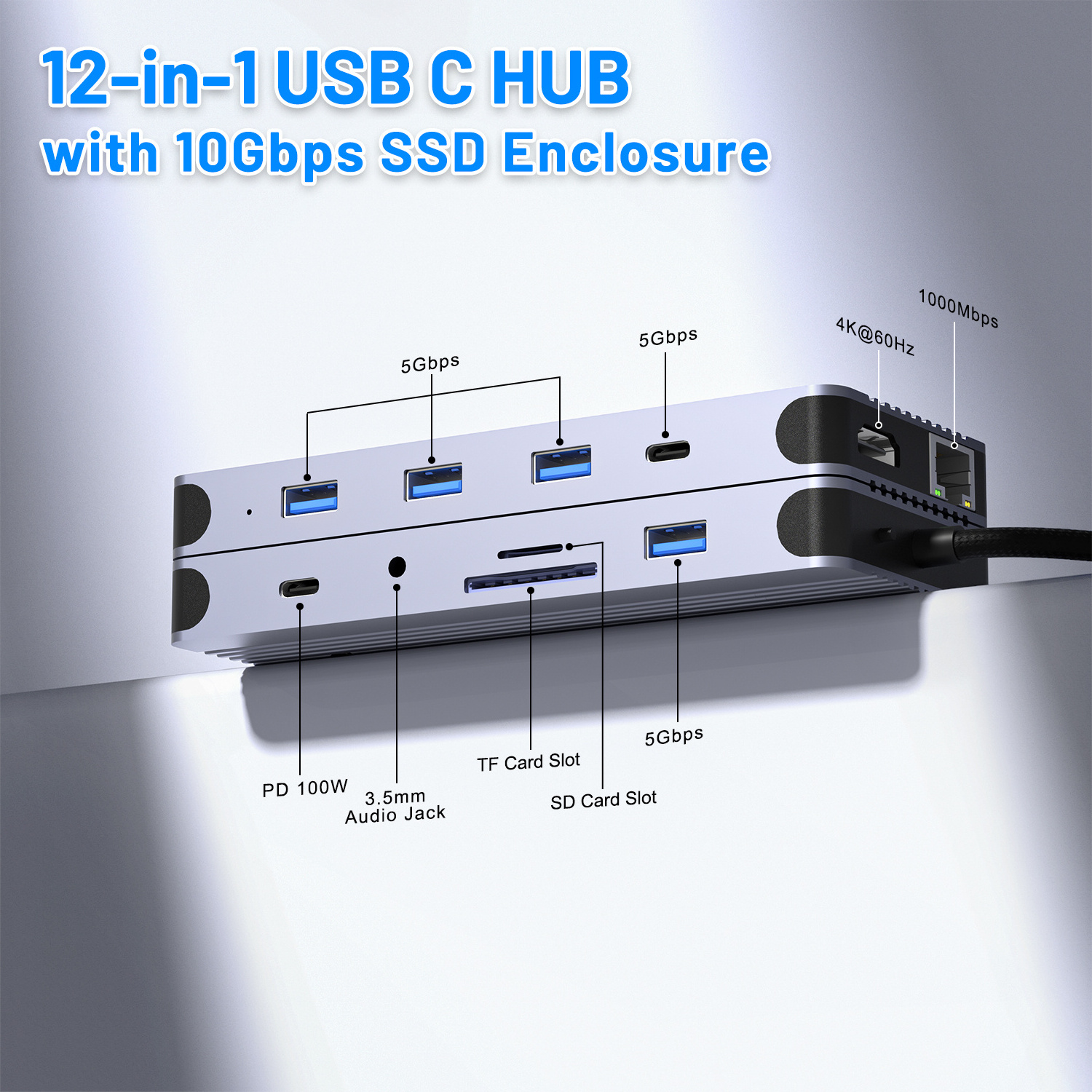 12in1 USB C Hubs Type -C Hub Docking Station with M.2 NVME SSD Enclosure Card reader RJ45 Ethernet HDMI Adapter 3.5mm Audio Jack