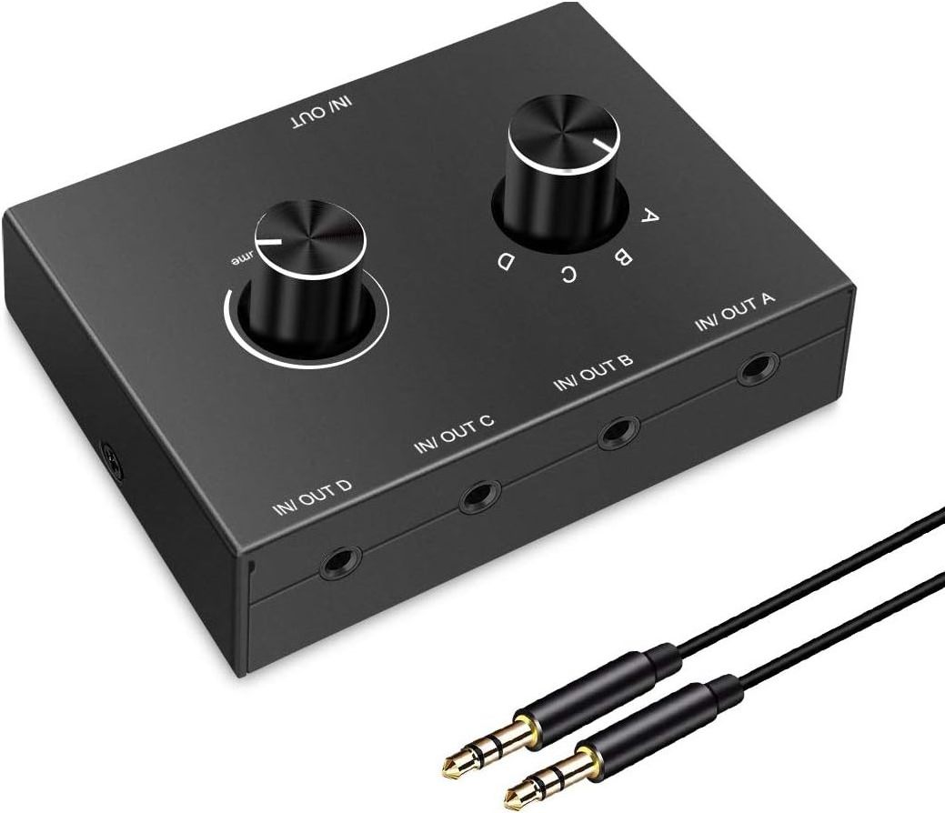 4 Port 3.5mm Stereo Audio Switch, 4 Way Stereo Audio Selector 4 Input 1 Output / 1 In 4 Out Audio Splitter with Volume Control