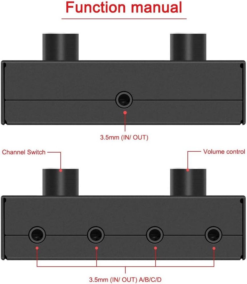 4 Port 3.5mm Stereo Audio Switch, 4 Way Stereo Audio Selector 4 Input 1 Output / 1 In 4 Out Audio Splitter with Volume Control