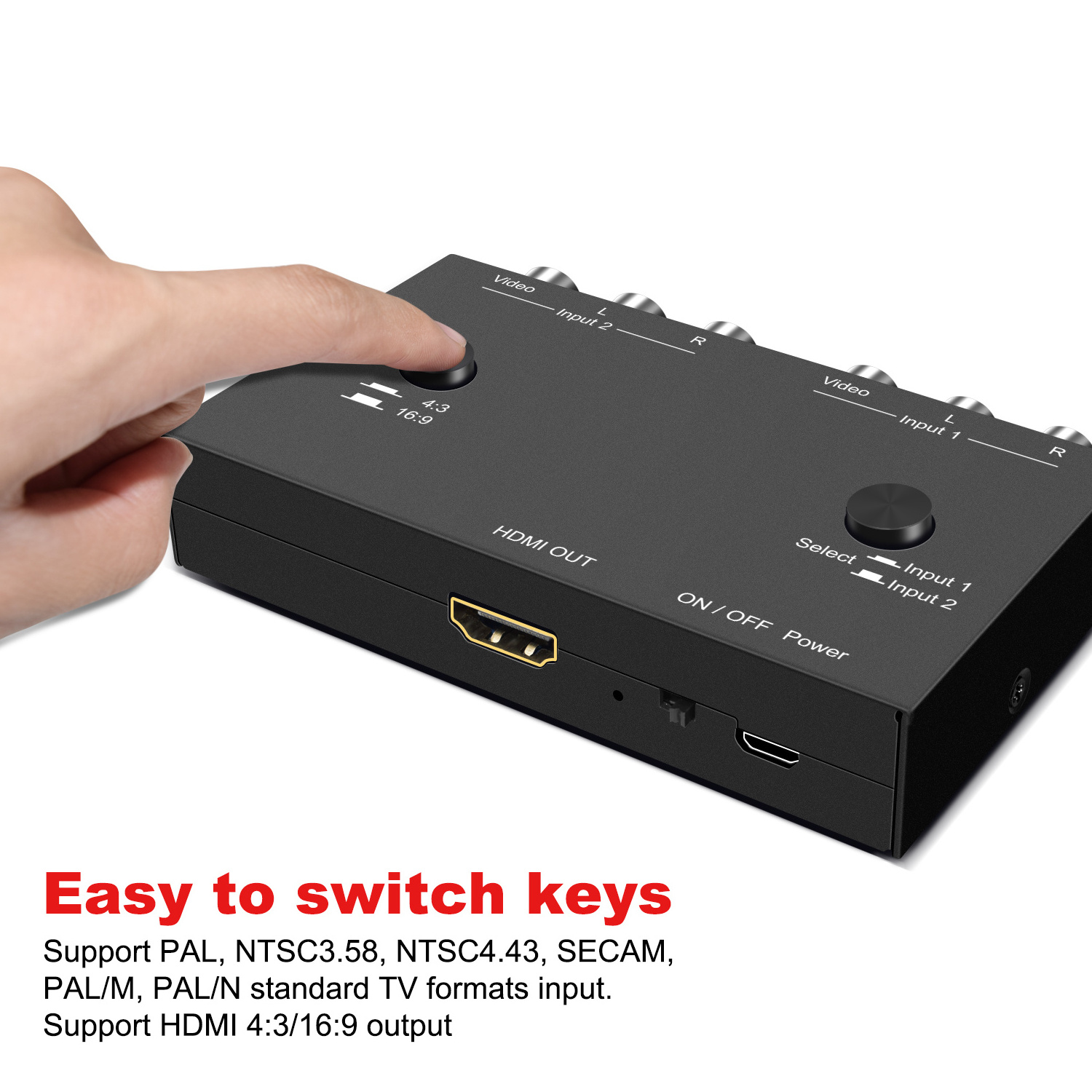 2 AV to HDMI Converter 1080P/720P 2 Port RCA Composite CVBS AV Switch to HDMI Converter Adapter Support 4:3/16:9 Switching