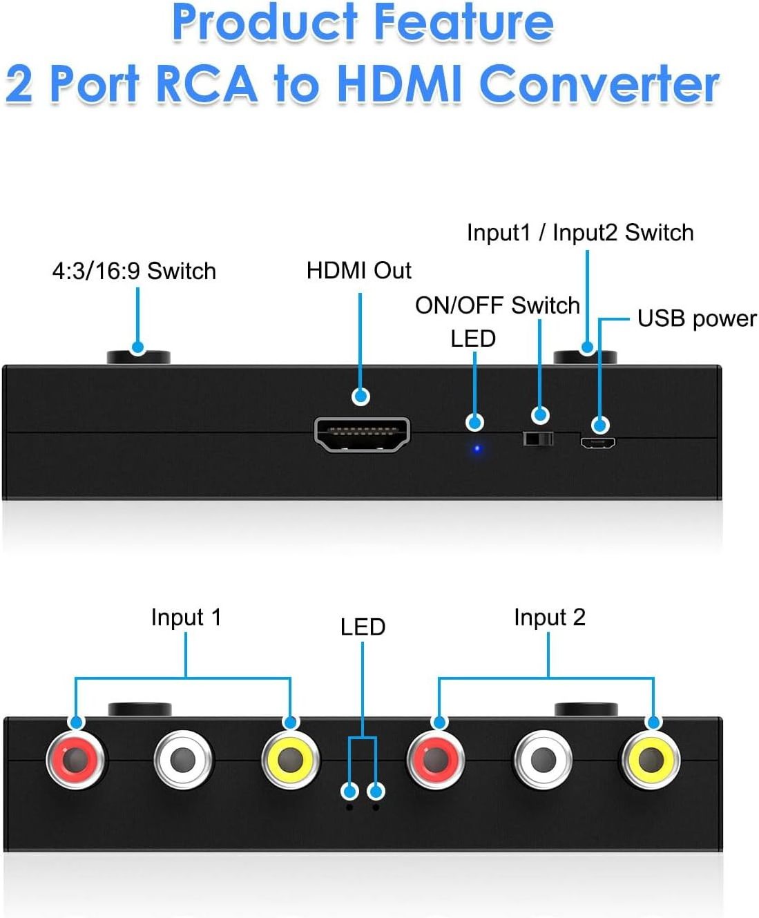 2 AV to HDMI Converter 1080P/720P 2 Port RCA Composite CVBS AV Switch to HDMI Converter Adapter Support 4:3/16:9 Switching