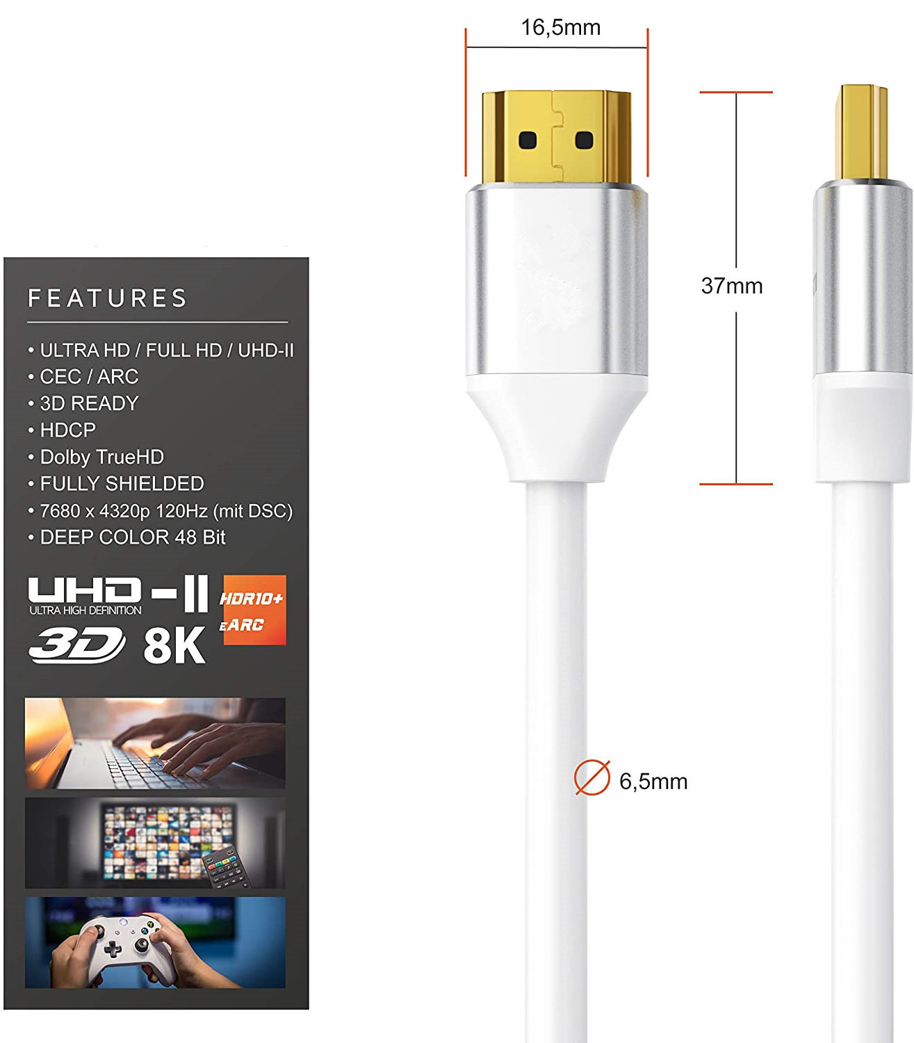 hdmi 8k Cable support 4K@120fps 8K white High Speed 48Gbps 7680P, HDCP 2.2, 4:4:4 HDR v2.1 hdmi 2 cable gold