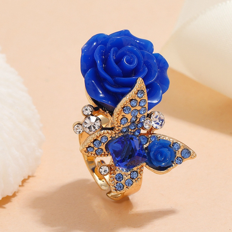 KQ-92 Adjustable Rings Ethnic Finger Jewelry Big Rhinestone Resin Rose Flower Butterfly Crystal Diamond Ring Designs For Women