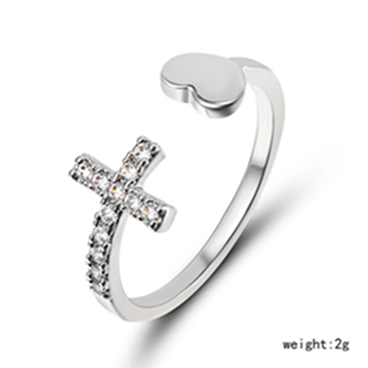 BY-30 New Alloy Crystal Adjustable Open Cuff Rings Christianity Cross Heart Ring