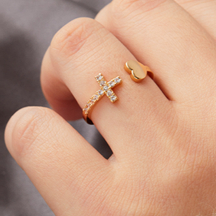 BY-30 New Alloy Crystal Adjustable Open Cuff Rings Christianity Cross Heart Ring