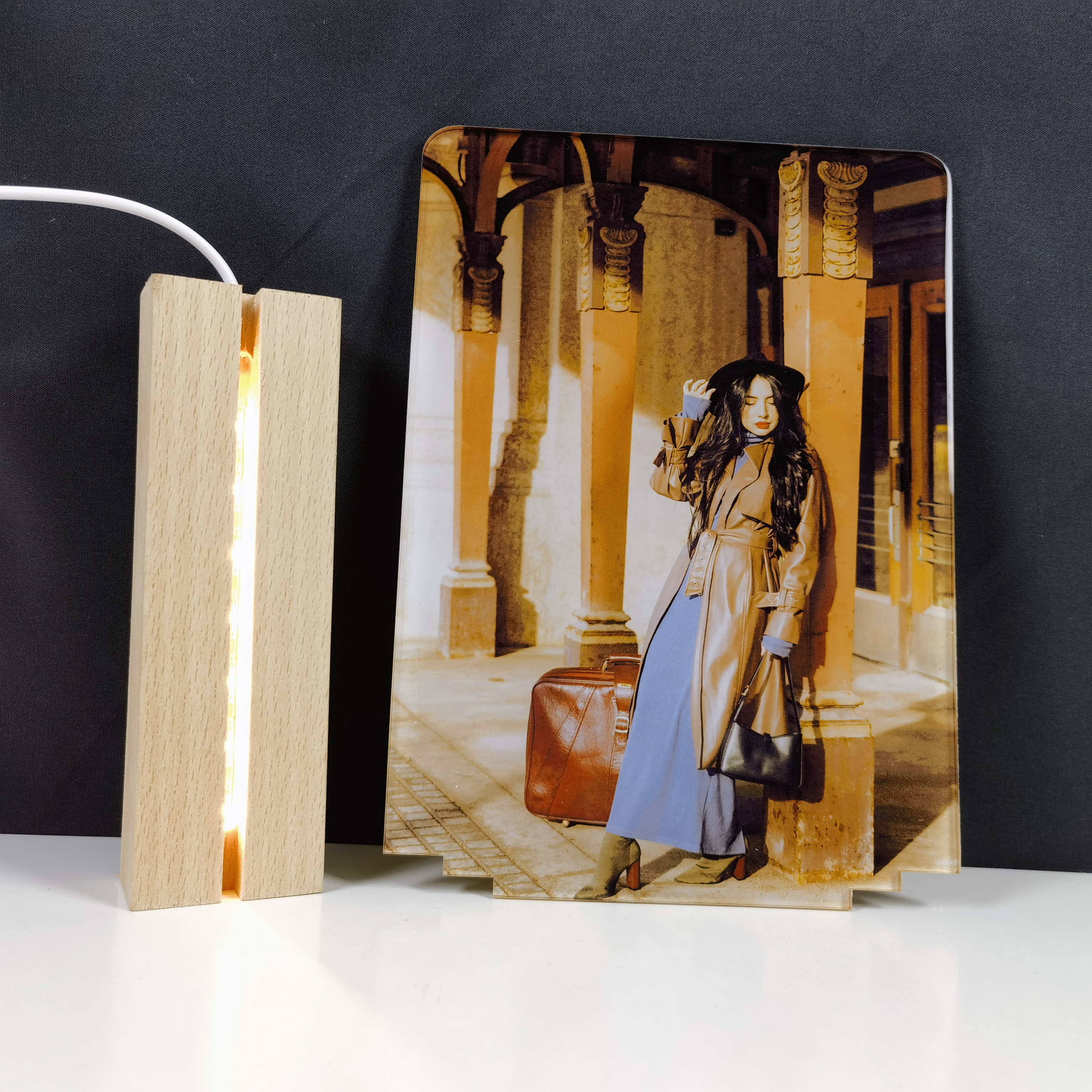 Light up Sublimation Acrylic photo frame customized sublimation acrylic sheet wood LED light base