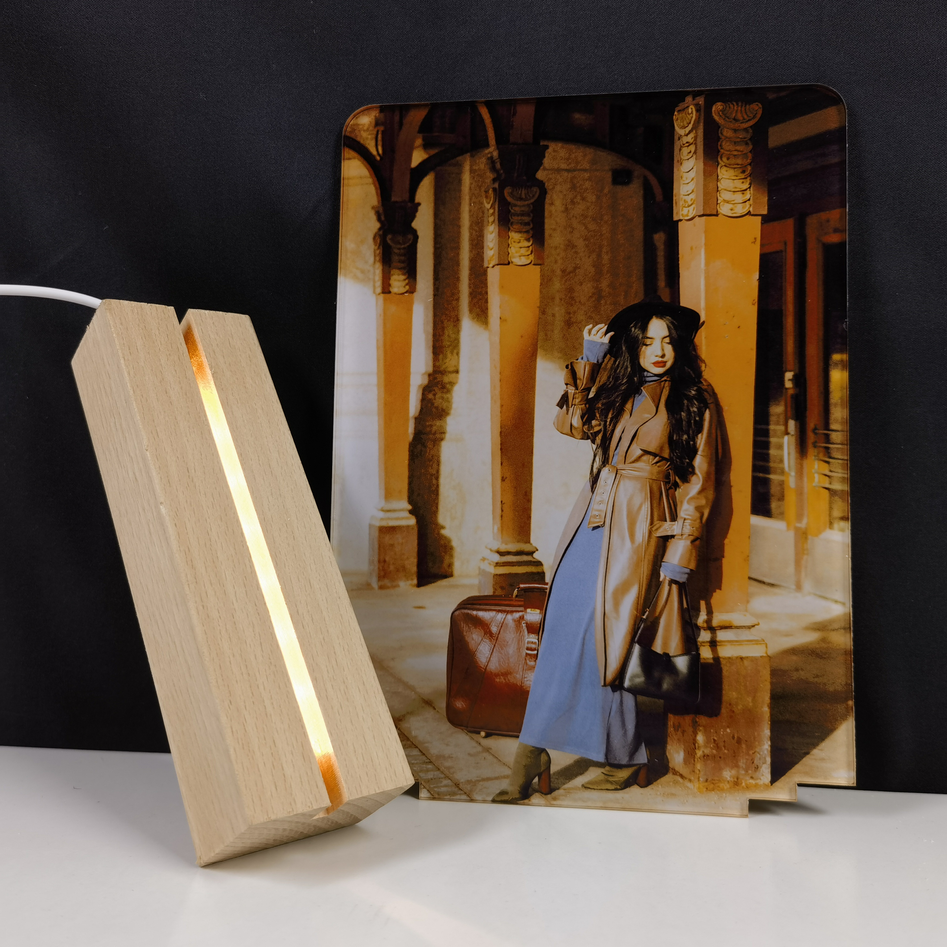 Light up Sublimation Acrylic photo frame customized sublimation acrylic sheet wood LED light base