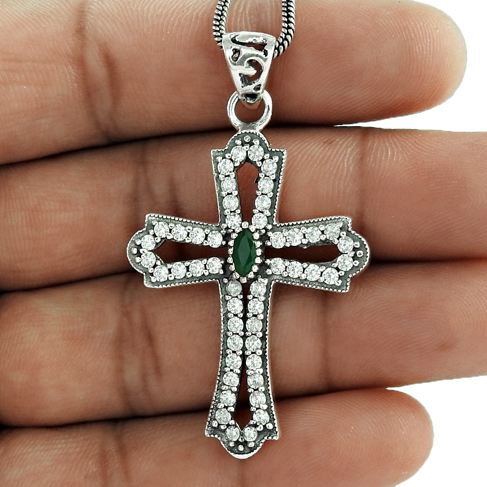 Exclusive Design 925 Sterling Silver Emerald CZ Cross Pendant Latest Trending Design Handmade Jewelry Wholesale Price Suppliers