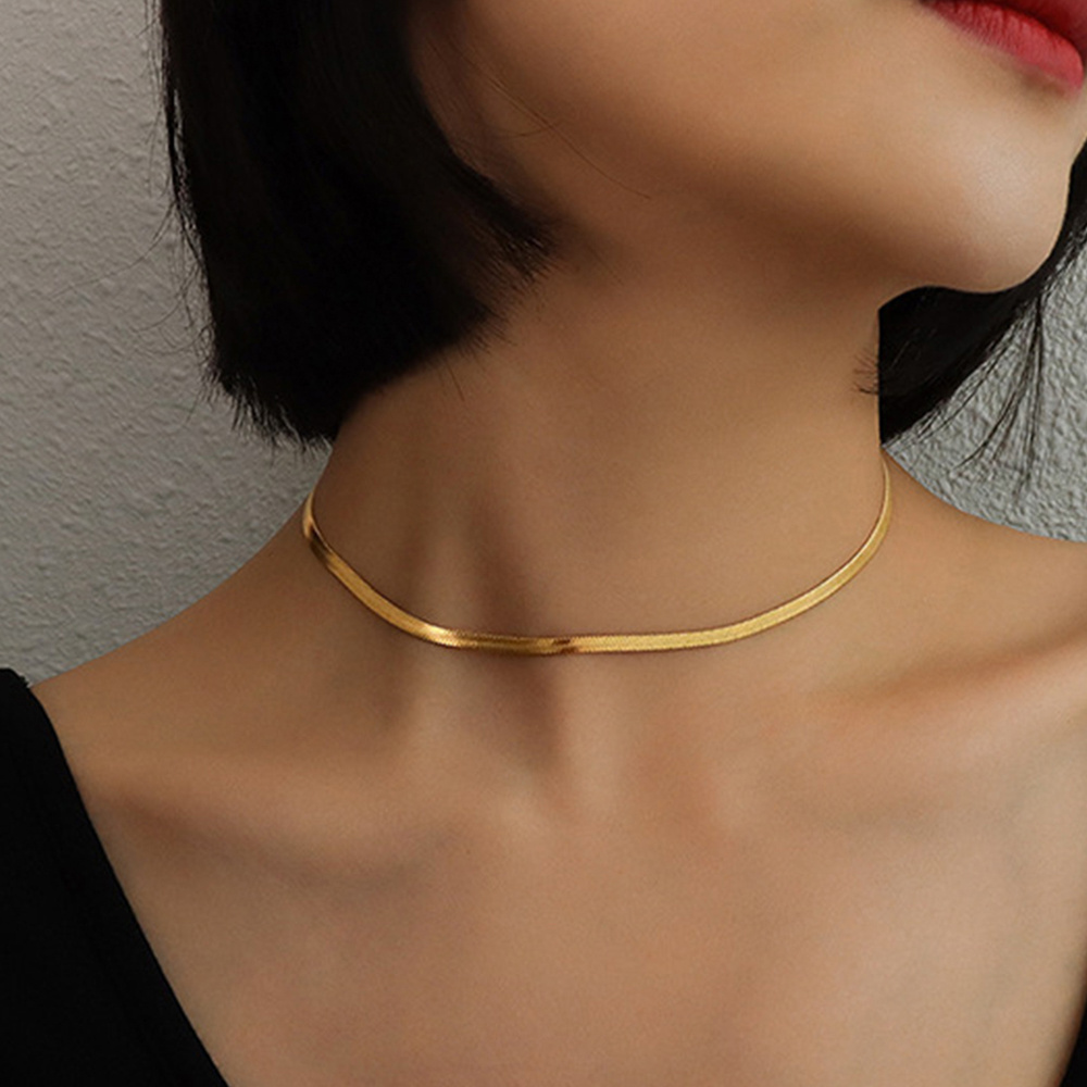 Women 925 Sterling Silver Jewelry Gold Link 18k Gold Plated Herringbone Flat Snake Bone Chain Choker Necklace