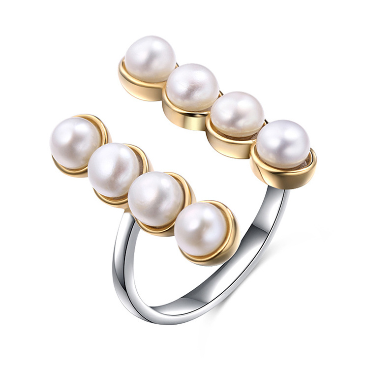 Sterling Silver Double Row Freshwater Cultured Pearl Adjustable Open Ring for Women