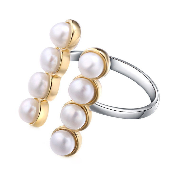 Sterling Silver Double Row Freshwater Cultured Pearl Adjustable Open Ring for Women