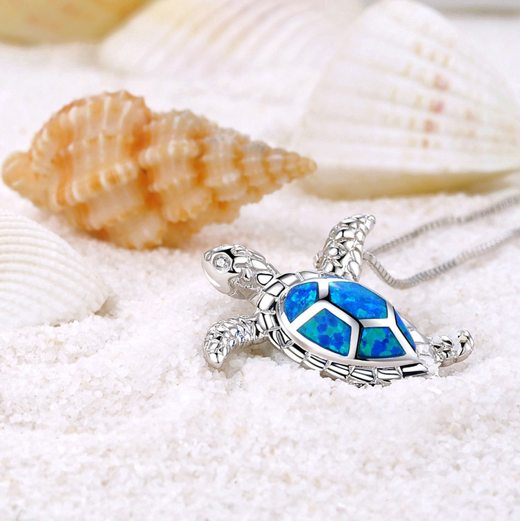 925 Sterling Silver Created Blue Fire Opal Sea Turtle Pendant Necklace for Women