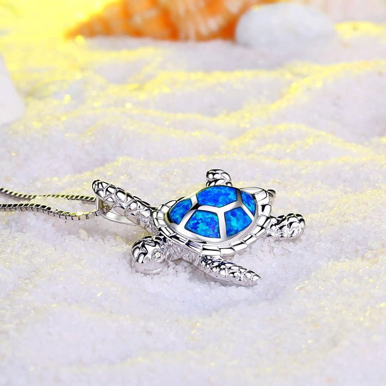 925 Sterling Silver Created Blue Fire Opal Sea Turtle Pendant Necklace for Women