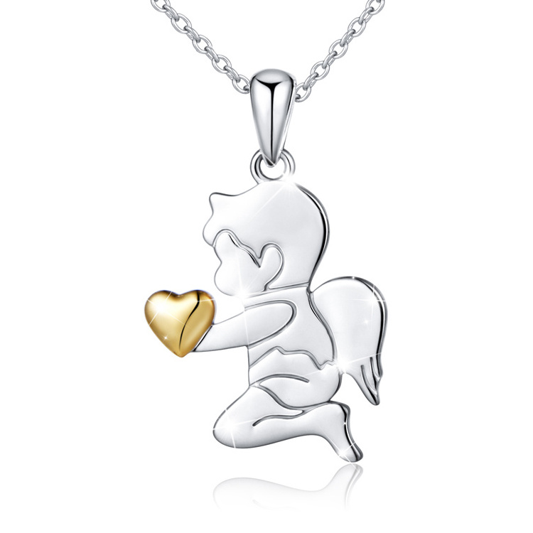 Jewelry Wholesale Two Tone 925 Sterling Silver Cupid Golden Heart Guardian Angel Wing Pendant Necklace for Women