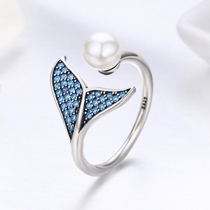 Mermaid Tail Ring 925 Sterling Silver Adjustable Dolphin Tail Rings with Pearl