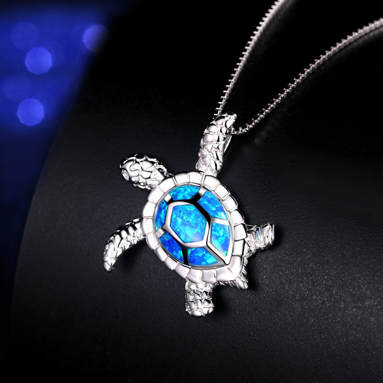 925 Sterling Silver Created Blue Fire Opal Sea Turtle Pendant Necklace for Women