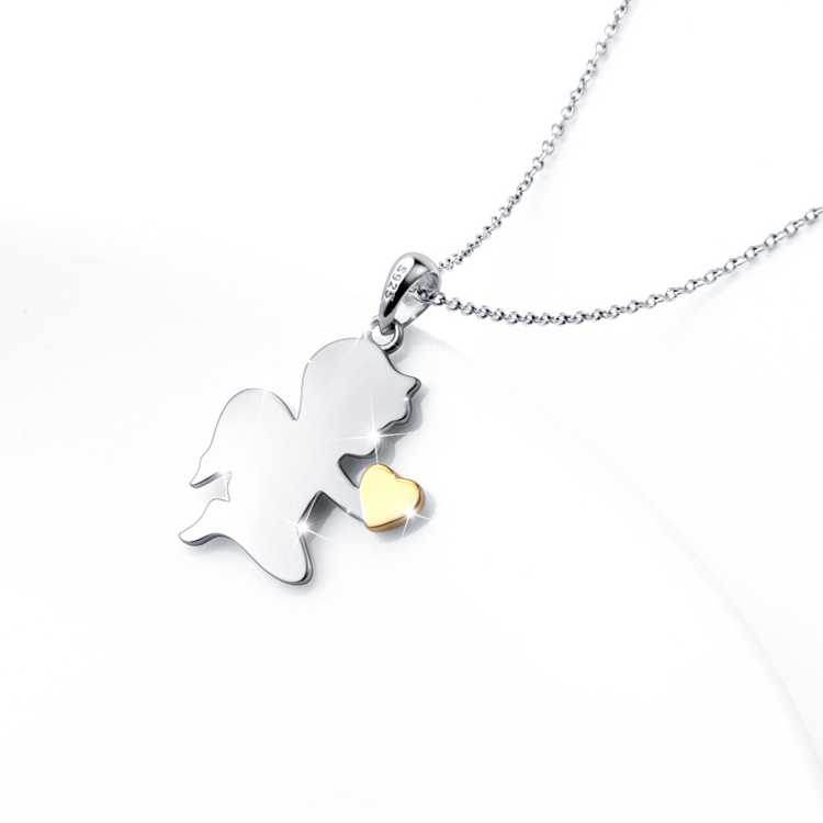 Jewelry Wholesale Two Tone 925 Sterling Silver Cupid Golden Heart Guardian Angel Wing Pendant Necklace for Women