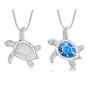 925 Sterling Silver Created Blue Fire Opal Sea Turtle Pendant Necklace for Women