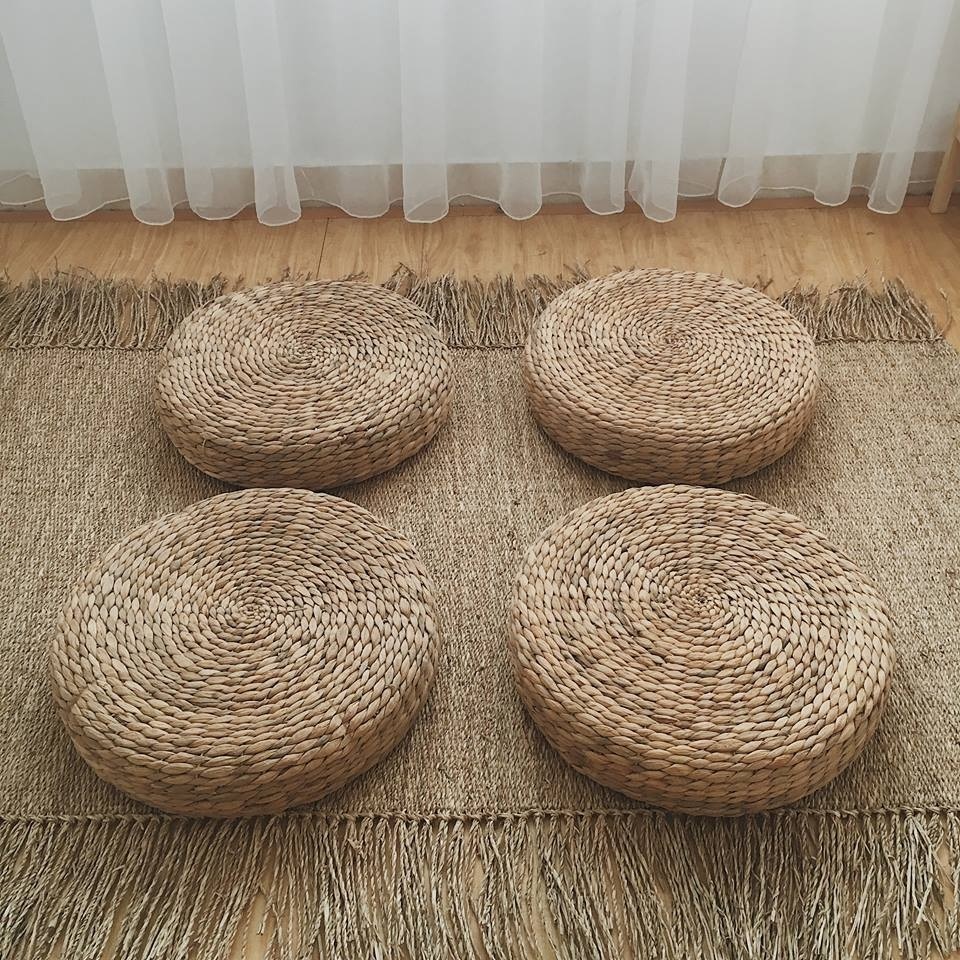 Hand-Woven Water Hyacinth Round Cushion Ottoman With Natural Color Size Made In Vietnam