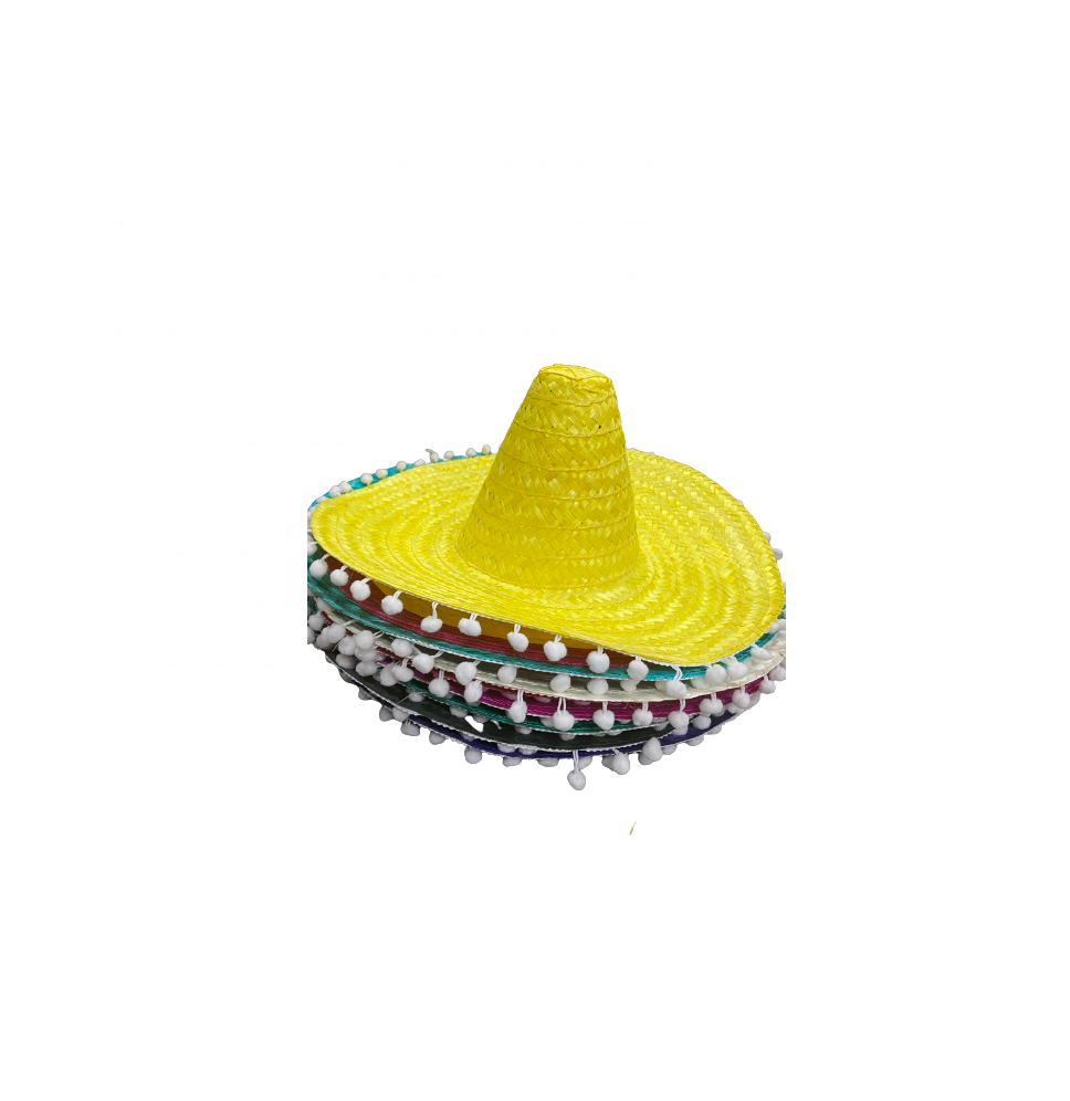 Top factory Large Mexican Straw Hat with White Pom Poms / Diameter 55 cm Wide Brim Sombrero Hat for export